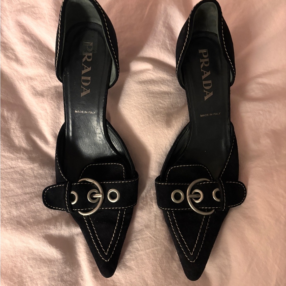 Prada Black Heels with Silver Buckle